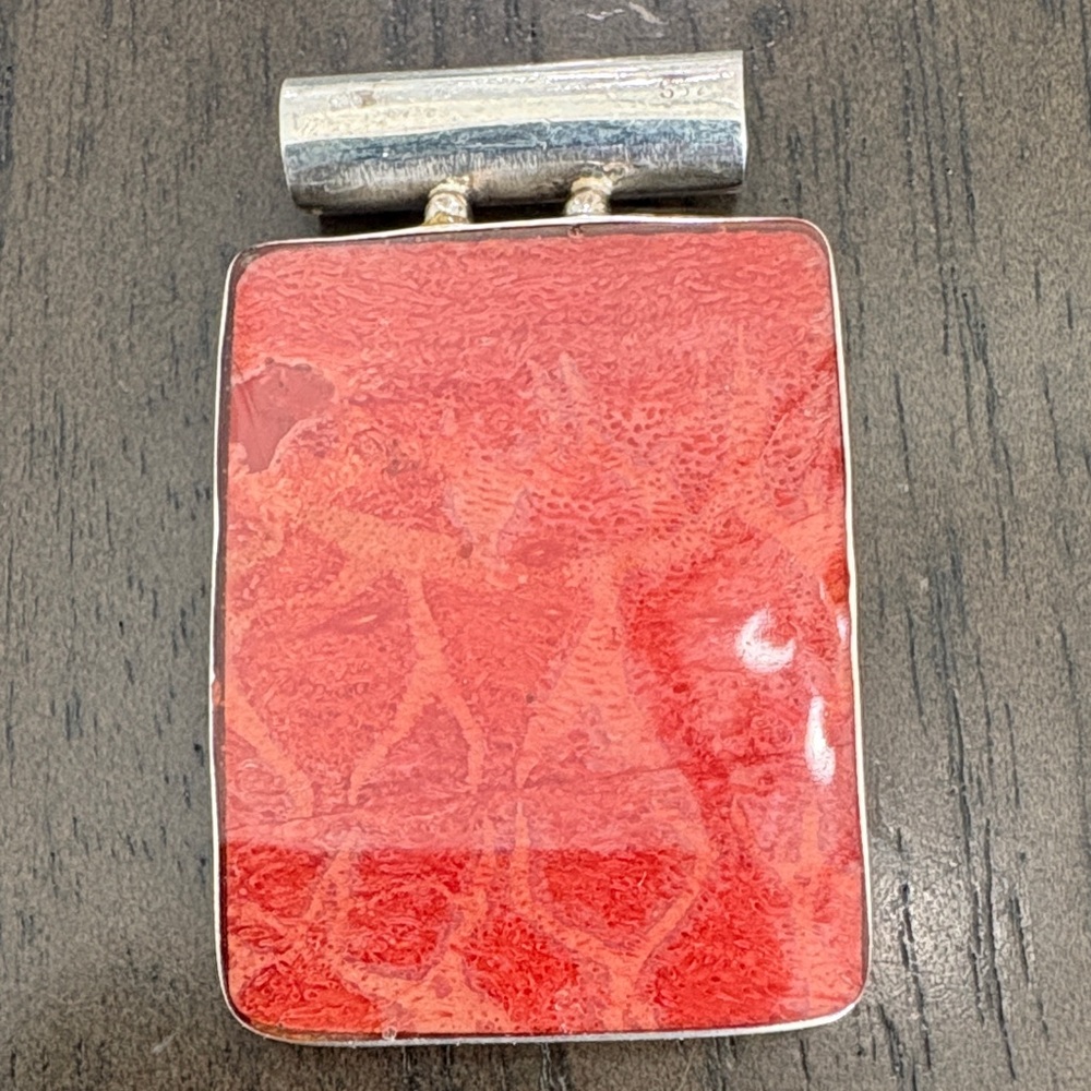 Sterling Silver Red Coral Rectangular Pendant - image 1
